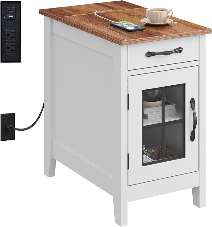 WLIVE End Table with Charging Station, Narrow Side Table for Living Room, Farmhouse Night Stand with Storage, Small Wooden Cabinet Nightstand with USB Ports and Outlets, 23.7" D x 13.78" W x 23.7" H
