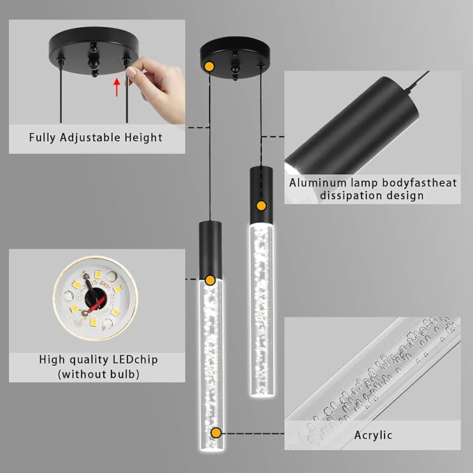 Modern Black Pendant Light Fixture 2-Light, 3-Color LED Pendant Lighting Acrylic Cord Adjustable Ceiling Hanging Lights for Kitchen Island Living Room Bedroom Dining Room