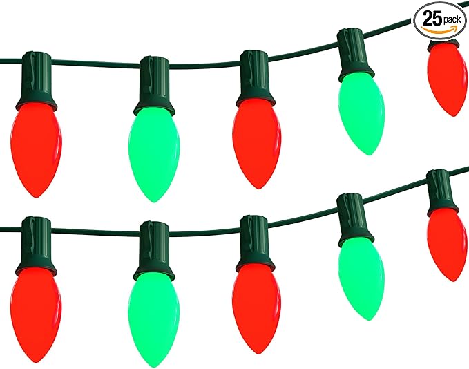 C9 LED Christmas String Lights Outdoor, 25Ft Red and Green Vintage Christmas Lights with 26 C9 Red/Green Bulbs, Outdoor Hanging Patio Light for Xmas Tree Path Roofline Wedding Party Decoration