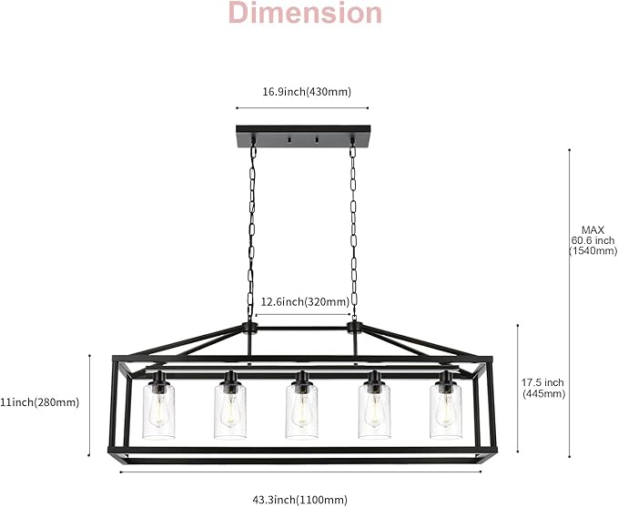 BONLICHT 5 Light Farmhouse Chandelier Ceiling Hanging Dining Room Lighting Fixtures Matte Black Modern Pendant Lighting Industrial Rectangular Kitchen Island Chandelier Fixture with Seeded Glass Shade