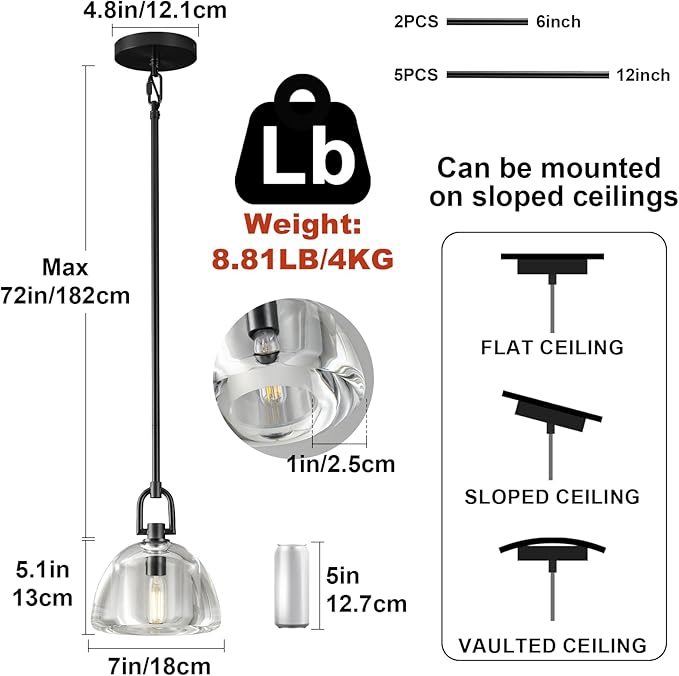 Pendant Light Fixture, 7" Glass Modern Black Pendant Lights Kitchen Island, Hanging Glass Dome Pendant, Black Kitchen Pendant Lighting Over Island, E12 Bulb Included