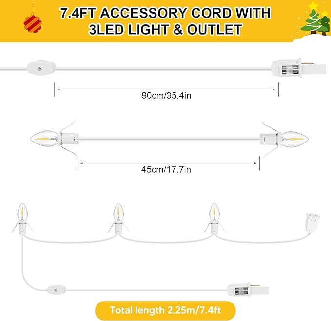 1Pack Accessory Cord with 3LED Bulbs and Outlet Christmas Village Light 7.4FT Blow Mold Light Cord with Spare Fuse Warm White C7 Lamp Christmas Village Accessories for Village Houses Craft Pumpkin
