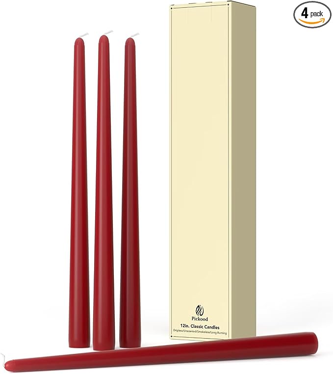 12-Inch Tall Dripless Taper Candles Set of 4 - Dark Red Tapered Candles, Perfect for Christmas - Smokeless, Unscented, Long Burning - Hand Poured, Colored Tall Candlesticks - Bordeaux
