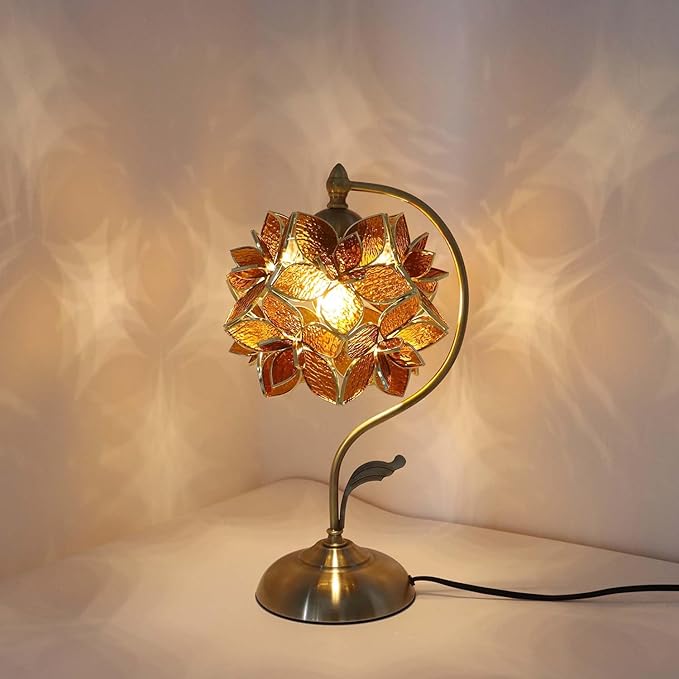Bieye L11008 Tiffany Style Stained Glass Flower Petal Table Lamp with Brass Base for Home Décor (Amber, 8" Rose Lily)