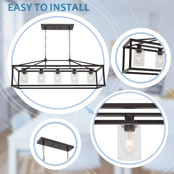BONLICHT Industrial Rustic Farmhouse Chandelier 5 Light Modern Rectangle Dining Room Light Fixture Hanging Oil Rubbed Bronze Kitchen Island Cage Pendant Lighting with Clear Glass Shade for Hallway Bar