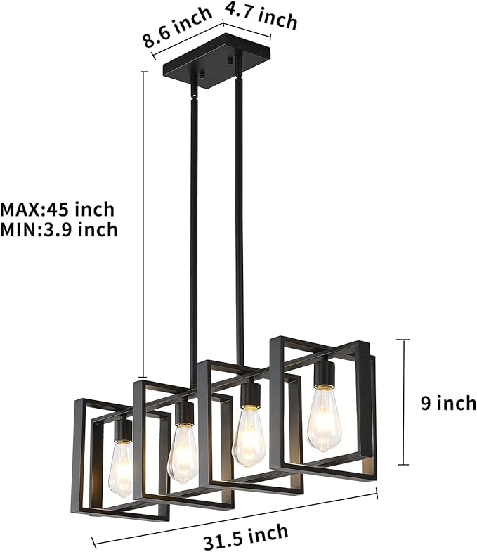 Farmhouse Rectangle Chandeliers for Dining Rooms, 31.5 INCH Modern Linear Hanging Light Fixture Matte Black 4-Light Industrial Pendant Lighting for Kitchen Island