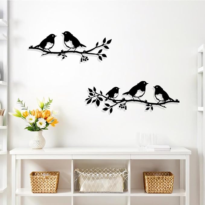 Harikikochuu 2 Pcs Metal Birds Wall Art Decor Robin Bird on the Branch Silhouette Art Metal Decorative Birds Hanging Wall Sculpture for Outdoor Balcony Garden Porch Décor(Black)