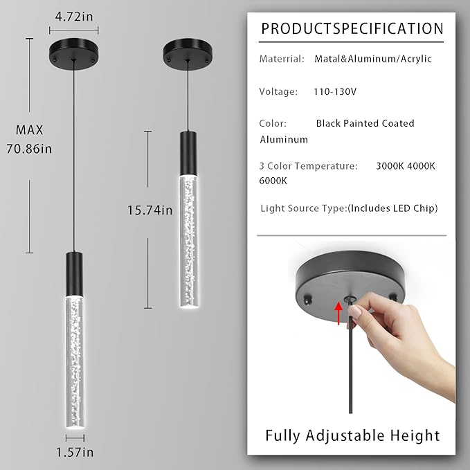 Modern Black Pendant Light Fixture 3-Color for Kitchen Island, 1-Light LED Acrylic Pendant Lighting Cord Adjustable Ceiling Hanging Lights for Living Room Bedroom Dining Room