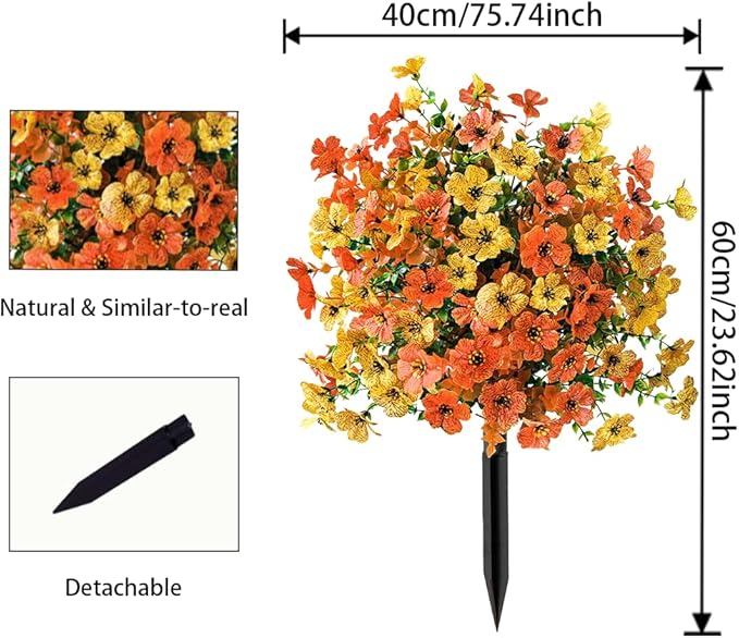 Christmas Decorative Plants Artificial Topiary Trees with Spike, 2pcs UV Resistant Artificial Bushes with Flowers, Artificial Fake Plants Shrubs for Doorway Porch Garden Decorate (Orange-yellow)