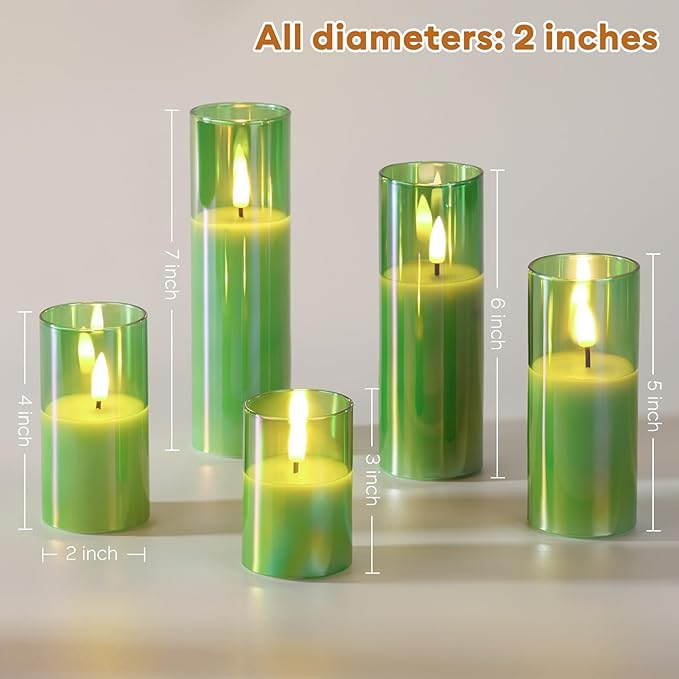 Green Christmas Glass Flameless Candles with Remote Batteries, Flickering Slim Tall LED Pillar Candles Set of 5