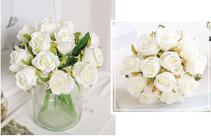 Jasion Artificial Roses Silk Flowers 12 Heads DIY Arrangement Bouquet for Home Office Parties Table Centerpieces Bridal Wedding Decoration Without Vase (Spring White)