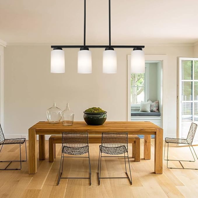 TODOLUZ Farmhouse Dining Room Pendant Light Fixtures in Black Finish, 4-Lights Island Lighting with Opal White Glass Shades for Kitchen
