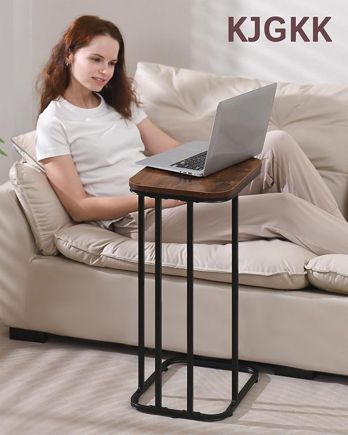 C Shaped End Table, 27 Inches High Small Side Table for Sofa and Bed, Couch Table Slides Under, Tall Tv Tray Table for Living Room, Bedroom, Metal Frame, Rustic Brown & Black