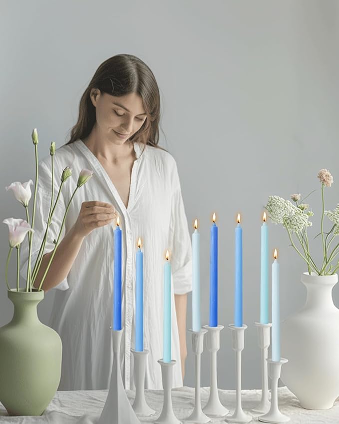 Blue Taper Candles 10.5 inch Ribbed Tapered Candles Ideal as Dinner Candle Smokeless Driples Unscented Candlesticks Long Burning,Set of 12