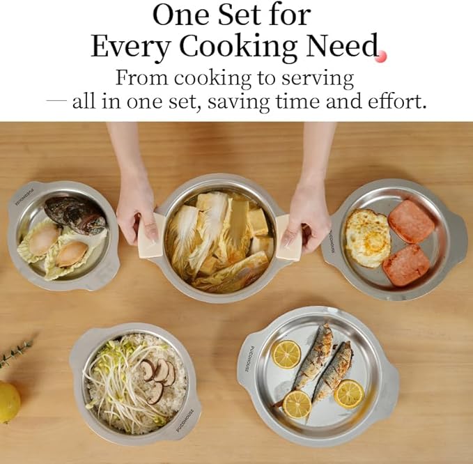 6-Piece Food-Grade 304 Stainless Steel Kitchenware Set (with Scratch-Resistant Finish), Heat-Resistant - Comes With Free Heat-Resistant Silicone Gloves And Lid Knobs, Suitable For Frying, Boiling