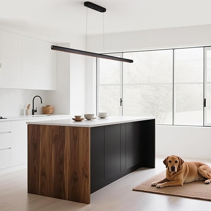 39inch Integrated Led Pendant Light,24w Dimmable Wood Linear Pendant Lighting,Led Modern Island Light with Black Finish,for Kitchen Island,Dining Room,Billiard & Pool Lights