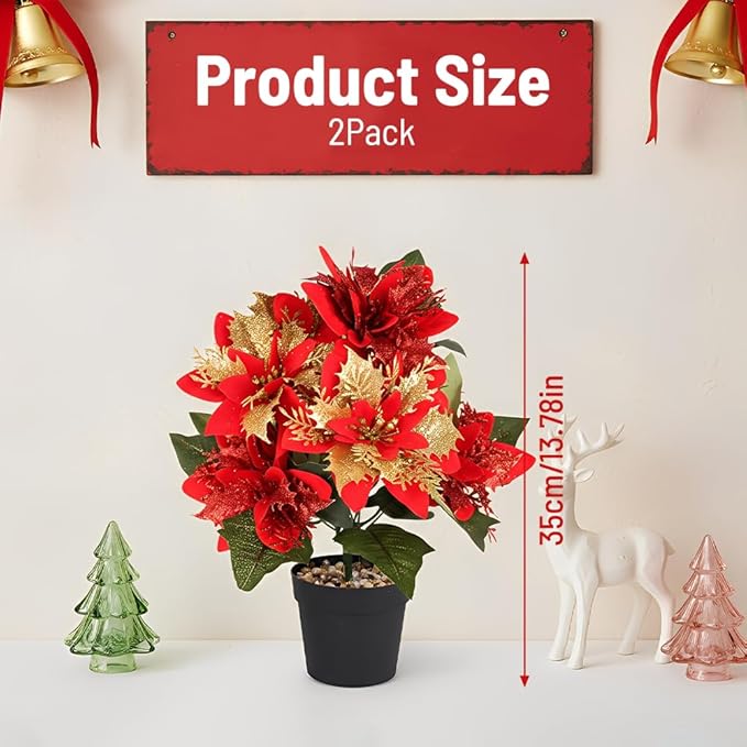 Poinsettia Artificial Christmas Flowers in Pot 7 Heads, 2PCS 13.8 Inch Fake Poinsettias Plants for Home Porch Office Indoor Outdoor Christmas Winter Decorations