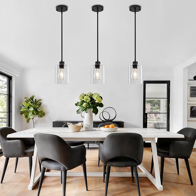 3 Pack Glass Pendant Lights Kitchen Island, Modern Black Pendant Lighting Over Island Hanging Light Fixtures Kitchen Ceiling Lamp Farmhouse Mini Chandeliers for Hallway Entryway Bedroom Dining Room