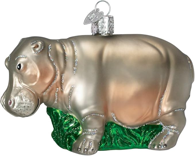 Old World Christmas Grey Hippopotamus Glass Blown Ornament for Christmas Tree, Handcrafted Holiday Decoration, Wildlife Animal Collection