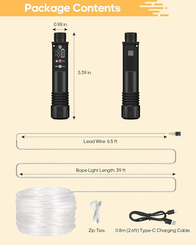 Rechargeable Rope Lights, Outdoor Waterproof String Lights with 1200mah Portable Rechargeable Battery, Timing & 8 Modes for Party Christmas Camping DIY Tree Trampoline (Warm White, 39FT)