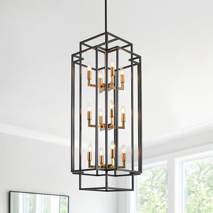 Black and Gold Chandelier, 12-Light Lantern Tiered Pendant Light Fixtures, Large Foyer Chandeliers for High Ceilings, Farmhouse Chandelier for Entryway, Modern Metal Pendant Lights for Staircase