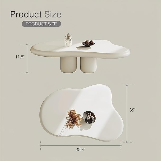 48 Inch Cloud Coffee Table, Modern Cream Coffee Table for Living Room, Large Wood Coffee Side Table with Irregular Tabletop and 4 Sturdy Legs for Home Office Bedroom