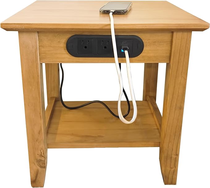 KAWIND Home Solid Wood End Table with Charging Station Compact Side Table with 2 USB Ports & 2 AC Outlets Light Walnut Ideal for Living Rooms & Bedroom Light Assembly