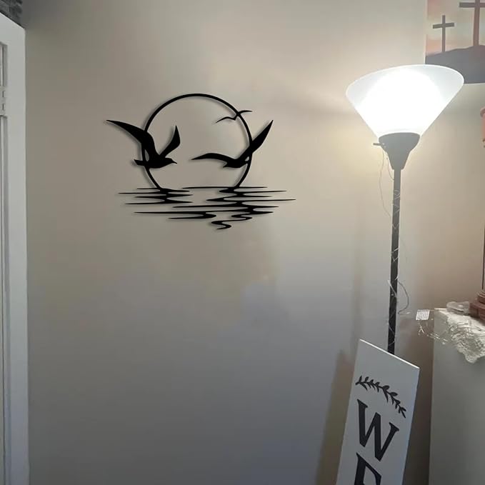 kuestboy Metal Wall Art of Sunrise and Seagulls, Modern Coastal Sculpture for Living Room, Bedroom, Office Decor，Black Wall Decor (39" X 28" | 100X72cm)