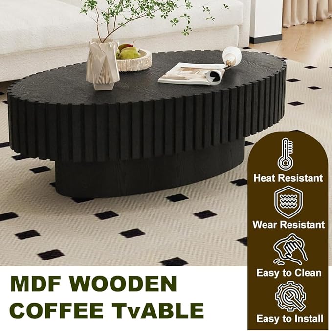 Oval Drum Coffee Table 43.3" Wooden Coffee Tables Modern Handcrafted Fluted Drum Center Table Farmhouse Tea Table with Pedestal for Living Room Small Space,Oval Black 43.3"