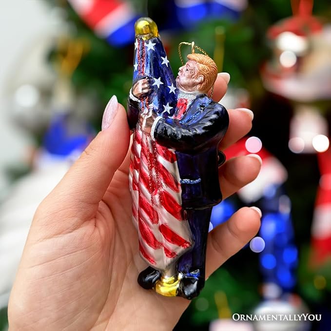 Donald Trump Kissing The American Flag Glass Christmas Ornament, United States President