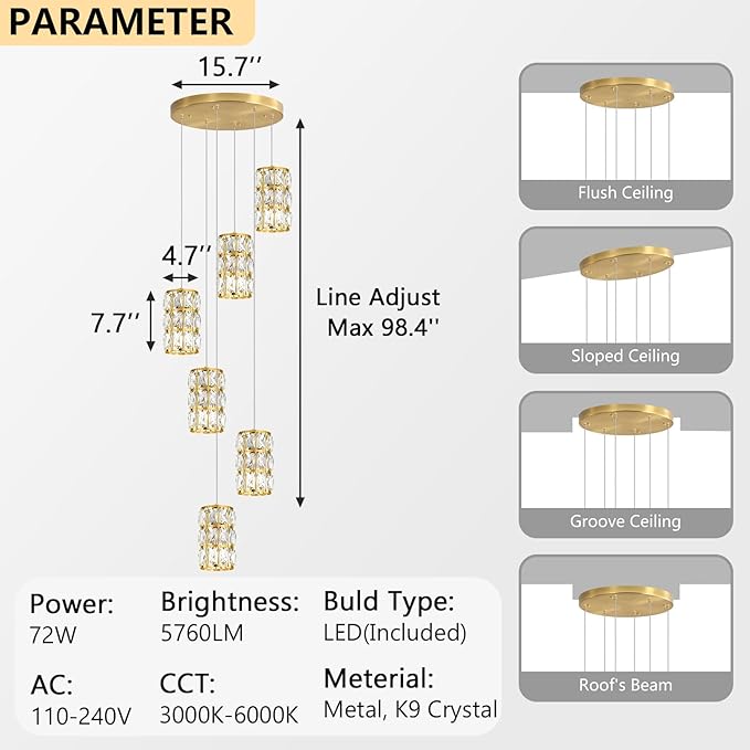 6-Lights Modern Crystal Pendant Lights for Kitchen Island LED Dimmable Glam Pendant Lighting Chandelier for Dining Room Hallway Corner Lamp Gold