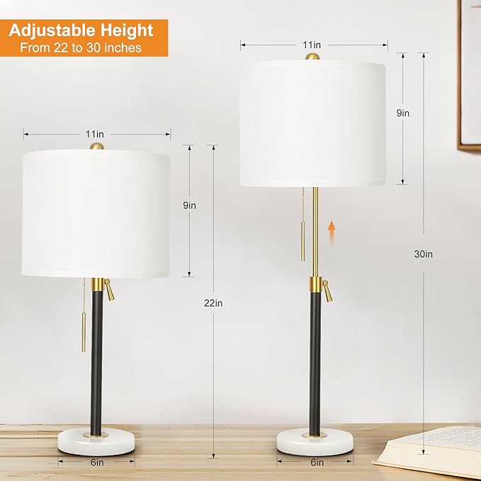 Table Lamps for Bedrooms Set of 2, 22" to 30" Height Adjustable Nightstand Lamps with Linen Shade, Pull Chain Switch Lamps for Living Room, 3 Way Dimmable Beside Lamp
