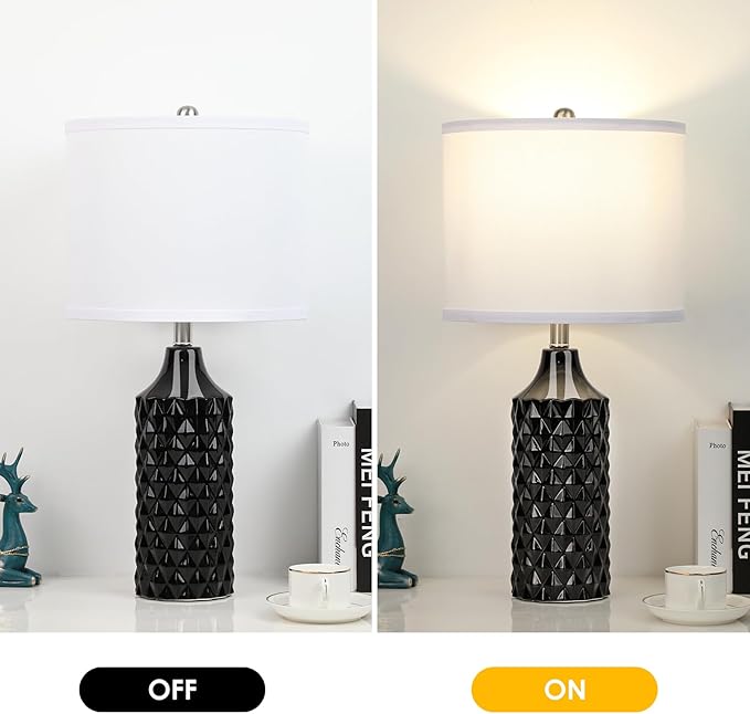 Ceramic Table Lamps Set of 2, Modern Bedside Lamp 25" Nightstand Lamp 3-Way Dimmable Lamp for Bedroom Living Room End Table Lamp Farmhouse Lamp Side Table Lamp, Bulbs Included (25 inch, Black)