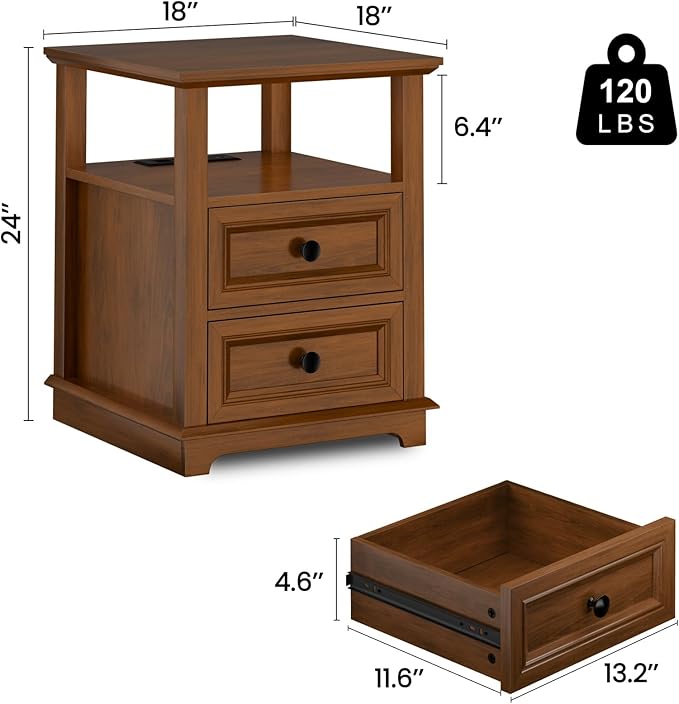 End Table with Fast USB C Charging Station, 18" Wide Tall Sofa Side Table with 2 Drawers, Large Storage Rustic Wood Square Storage Cabinet for Living Room,Bedroom,Office