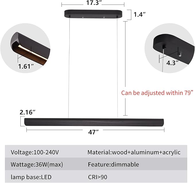 47inch Wood LED Linear Pendant Light, Dimmable Wood Ceiling Lamp,Minimalist Linear Chandelier, 36W Warm Light 3000K, Modern Kitchen Island Dining Room Lighting Black Adjustable Height