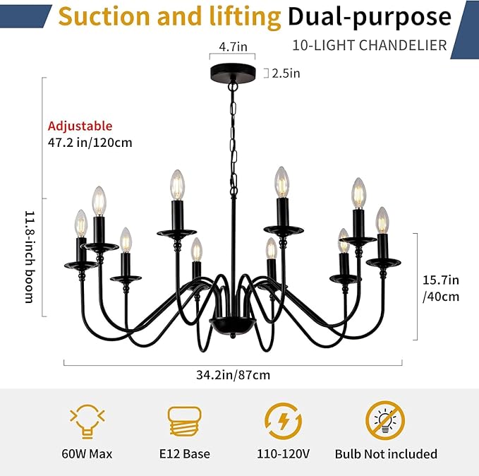 Black Farmhouse Chandeliers, 10 Light S-Arm Modern Candle Hanging Pendant Light, Industrial Rustic Metal Ceiling Kitchen Island Lights for Living Room, Entryway, Foyer, Bedroom, Dining Room