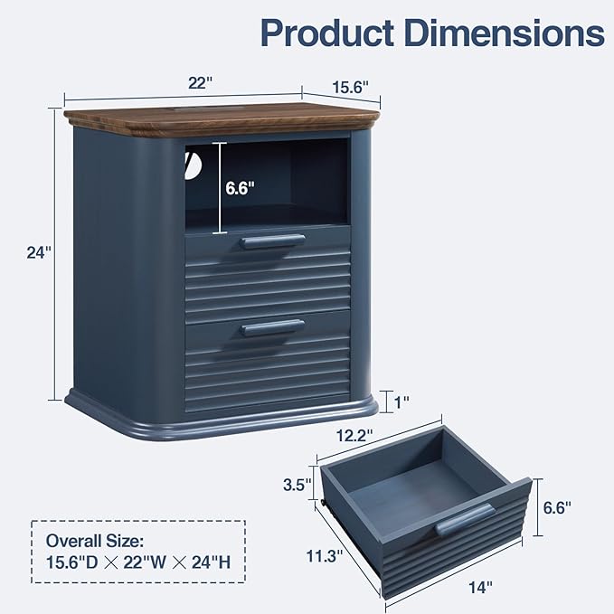 Okvnbjk 22" Fluted Nightstand with Charging Station, Modern End Table with 2 Drawers & Open Storage, Stylish Bedside Table for Living Room, Bedroom, Side Tables Curved Profile Design, Navy Blue