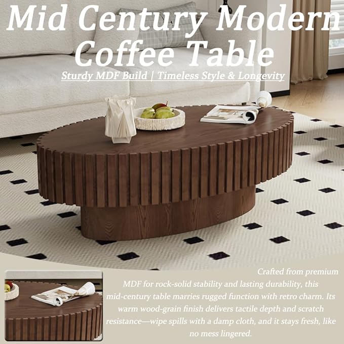 43.3” Oval Coffee Table Modern Fluted Coffee Table Handcrafted Relief Center Table with Sturdy Pedestal Mid Century Modern Center Table Tea Table for Living Room Apartment (Dark Brown)