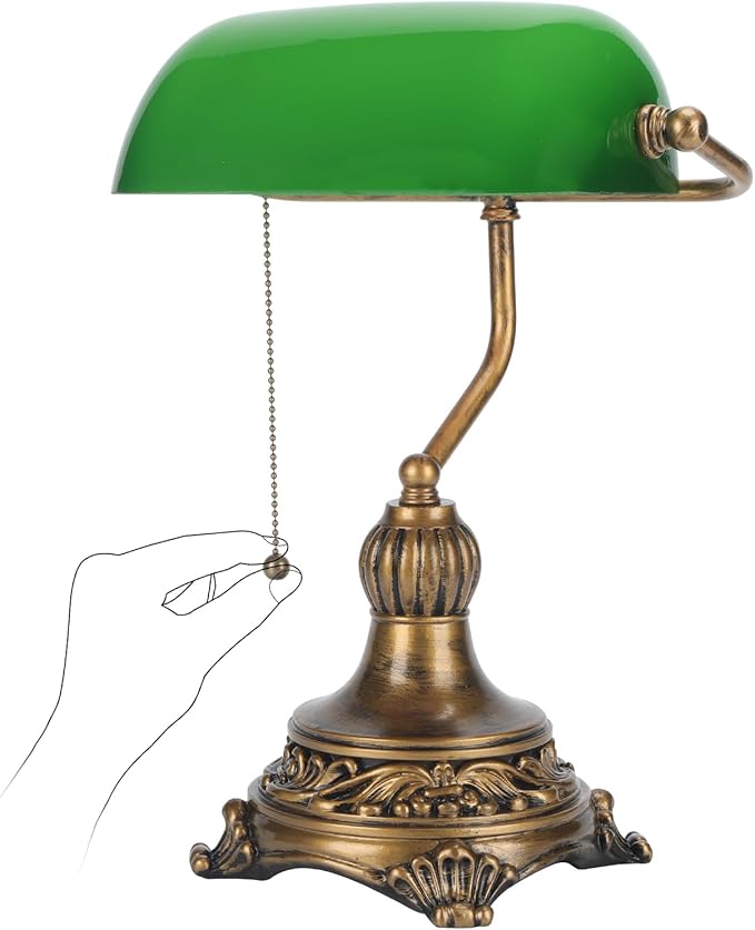 NISSAFORS Bankers Lamp with Pull Switch, Green Glass Desk Lamp with Retro Black/Gold Finish, Vintage Table Lamps for Living Room, Library, Piano(Green)