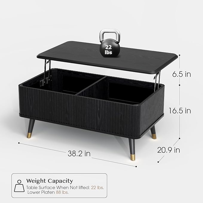 Lift Top Coffee Table with Storage, Mid Century Modern Walnut Fluted Coffee Table, Rectangular Wood Center Table with Rising Desktop & Open Shelf for Work from Home, Living Room, Black