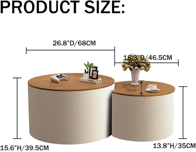 Nesting Coffee Table Set of 2 Modern Round Coffee Table with Hidden Storage Round Side Table Drum Accent End Tables for Living Room, Bedroom (White)