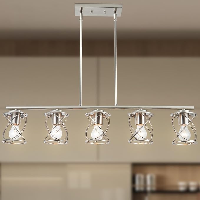 Kitchen Island Light, 5-Light Dining Room Lighting Fixtures Hanging, Farmhouse Linear Pendant Light for Kitchen Island Table Living Room with Adjustable Rods, Brushed Nickel