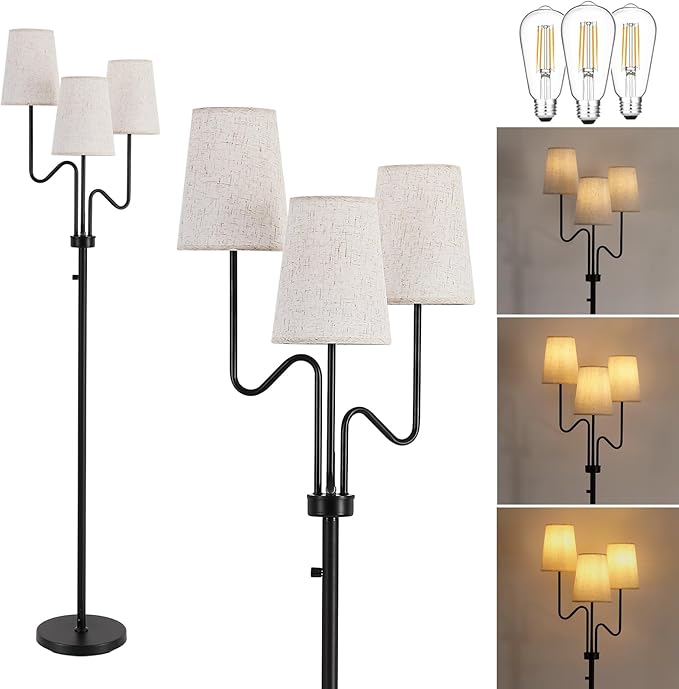 9MMML Farmhouse Dimmable Floor Lamp, Rustic 3-Light Floor Lamp with Fabric Shade, 68'' Tall Floor Standing Lamp for Living Room, Bedroom, Office, Corner, 3 x E26 LED Bulb Included