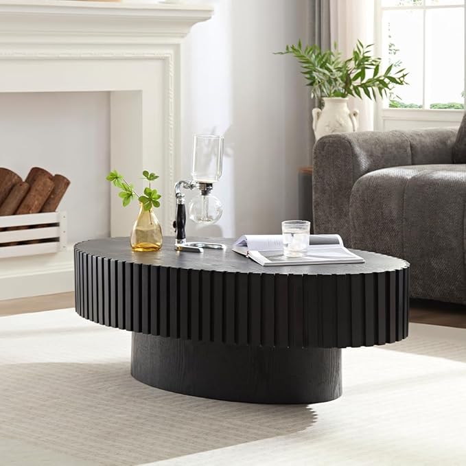 WILLIAMSPACE 43.7" Oval Coffee Table, Modern Luxury Wood Drum Center Table for Living Room, Handcraft Accent Side End Table for Apartment, 43.7"*24.8"*13.78"H (Black)