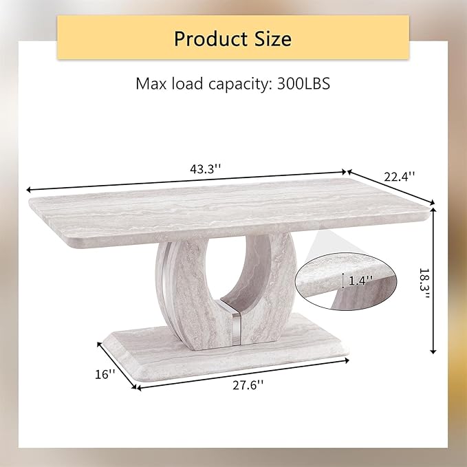 LKTART Coffee Table for Living Room, Modern Coffee Table with Storage, Rectangle Tabletop Stable Base for Dining Room Apartment Small Space (43.3''L×22.4''W-Mars Light)