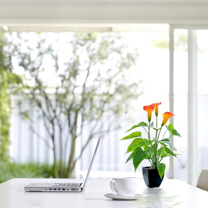 Beebel Artificial Flower Plants Calla Lily Faux Small Potted Plant with Black Pot Fake Bonsai Flower for Home, Office, Indoor and Outdoor Occasions Decor (Orange Fake Flower)