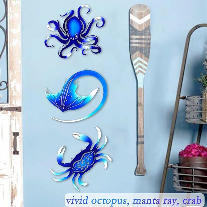 Weibefee Metal Wall Art Decor Octopus Crab Manta Ray Coastal Nautical Ocean Christmas Decor Concise 9'' Set of 3 Hanging Christmas Decorations Gift for Bathroom Beach Indoor Outdoor Pool Home Bedroom Living Room Blue