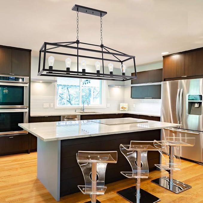 BONLICHT Modern Rectangle Chandelier 6 Light Black Industrial Vintage Kitchen Island Lighting Fixture Hanging Pendant Lamp Farmhouse Metal Cage Ceiling Light Fixtures for Living Room Dining Room Foyer