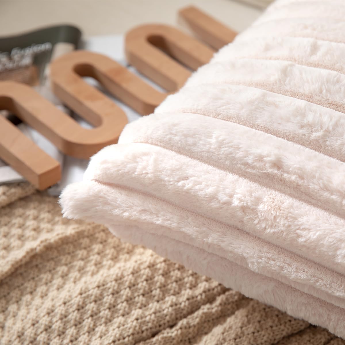 DEELAND Pack of 2,Double-Sided Faux Fur Plush Decorative Throw Pillow Covers Fuzzy Striped Soft Pillowcase Cushion Covers for Sofa Couch Bedroom Beige 24x24 inch