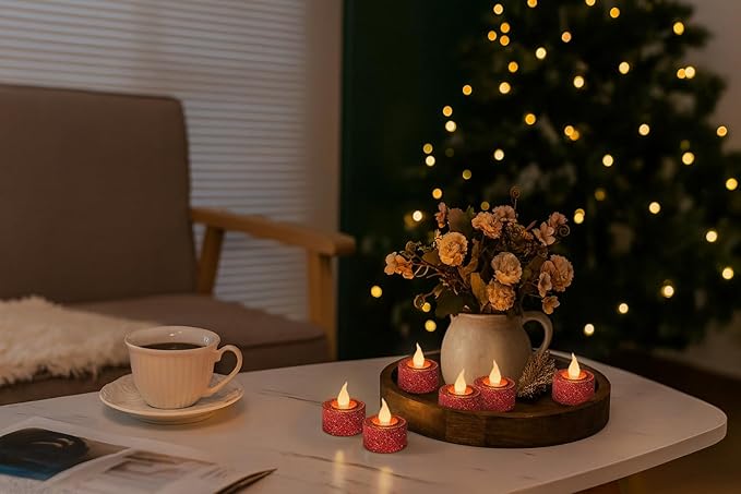 FURORA LIGHTING Red Glitter LED Tealight Candles Pack of 12, Flameless Flickering Tealight Candles for Home Décor, 1.5’’(W) x 1.65’’(H), Battery Operated